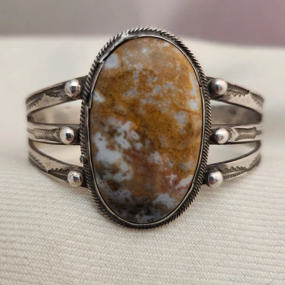 Plume agate sterling southwest Harvey era 1940s cuff bracelet